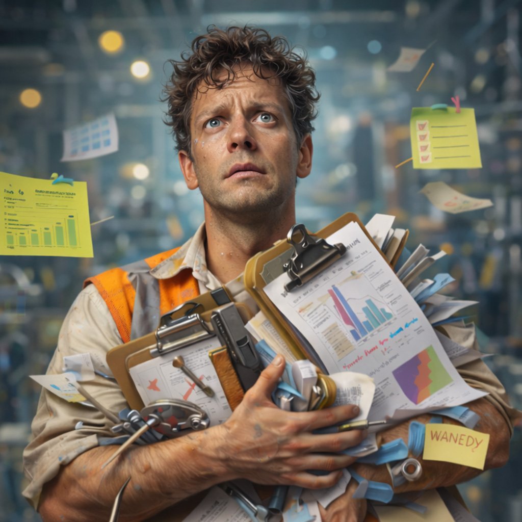 execution-gap-illustrated-by-overwhelmed-factory-worker-with-scattered-papers